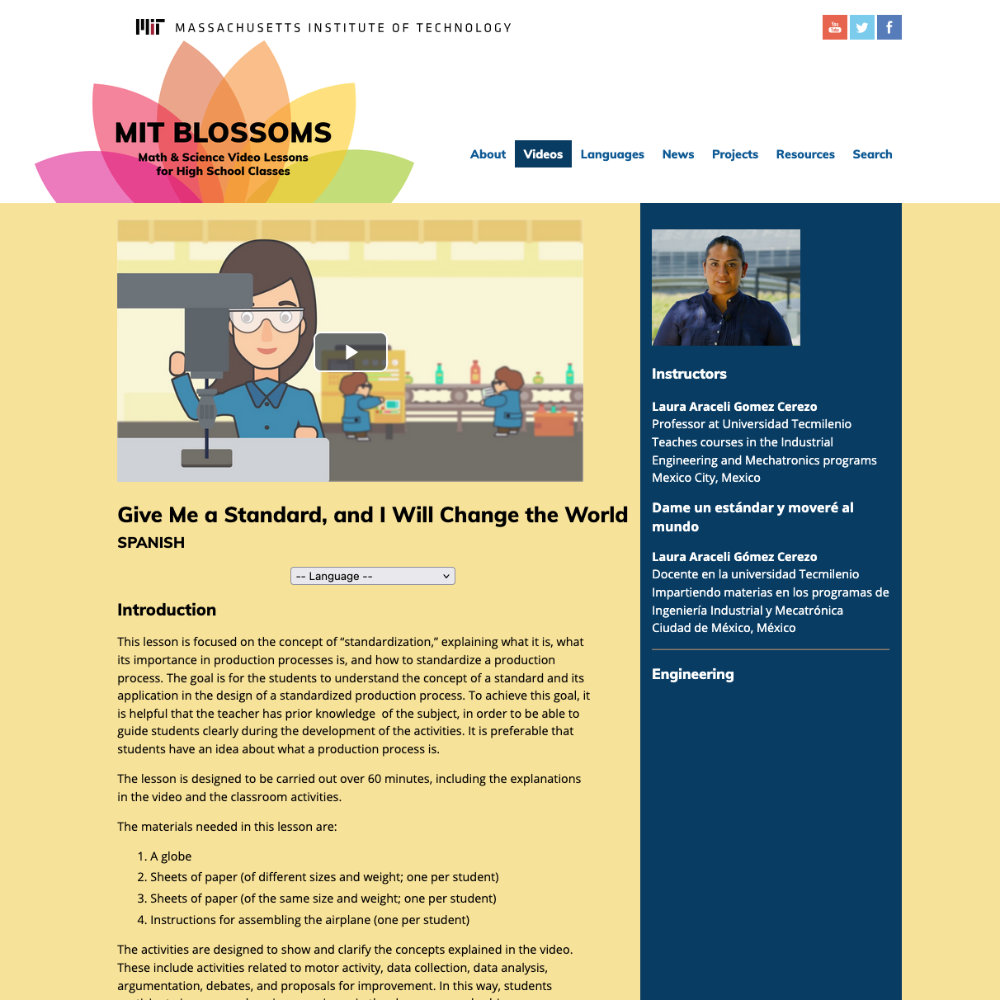Screen shot of a video lesson page