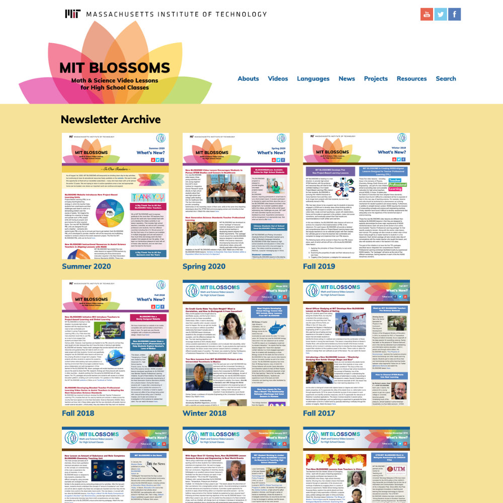 Screen shot of the newsletter archive page