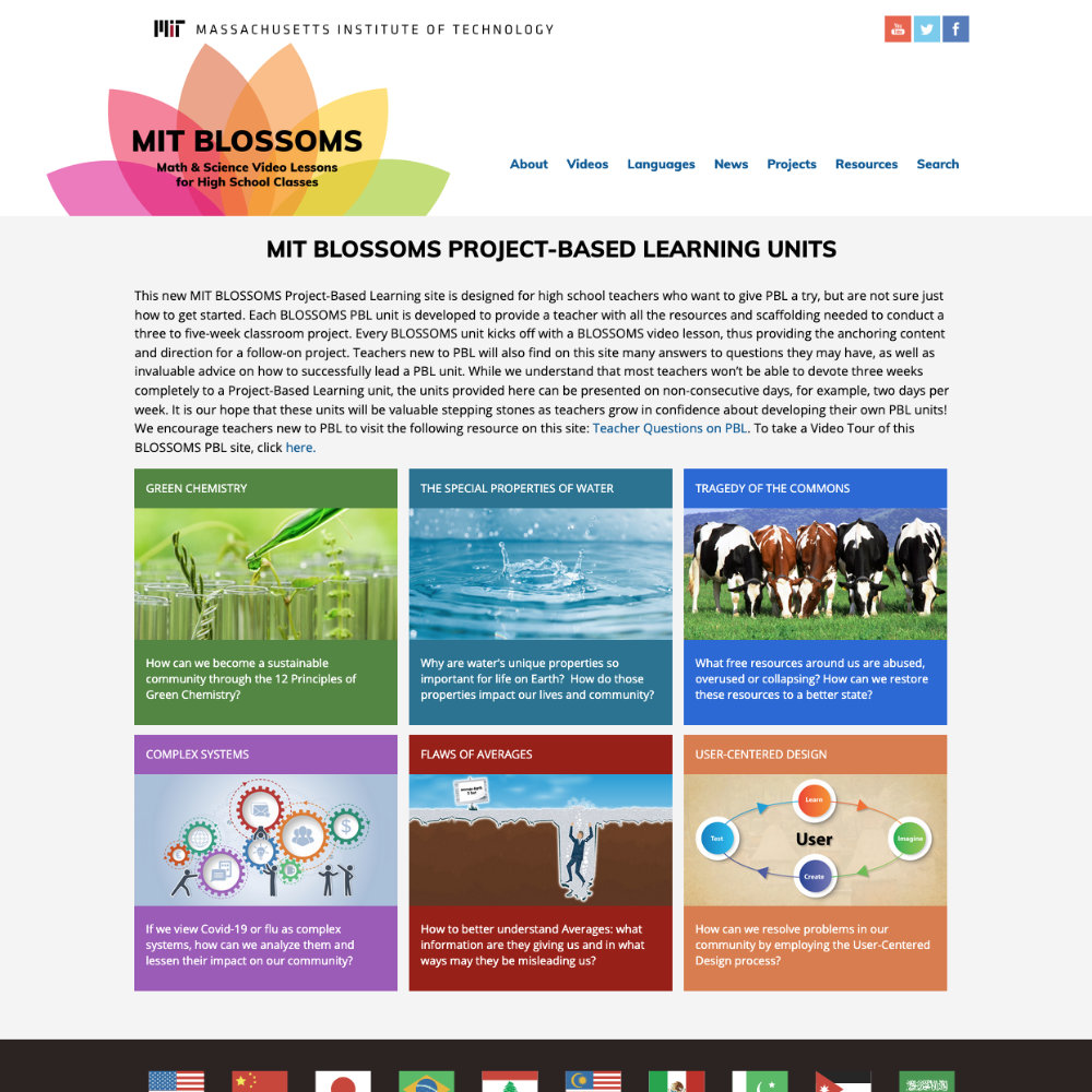 Screen shot of the project based learning page