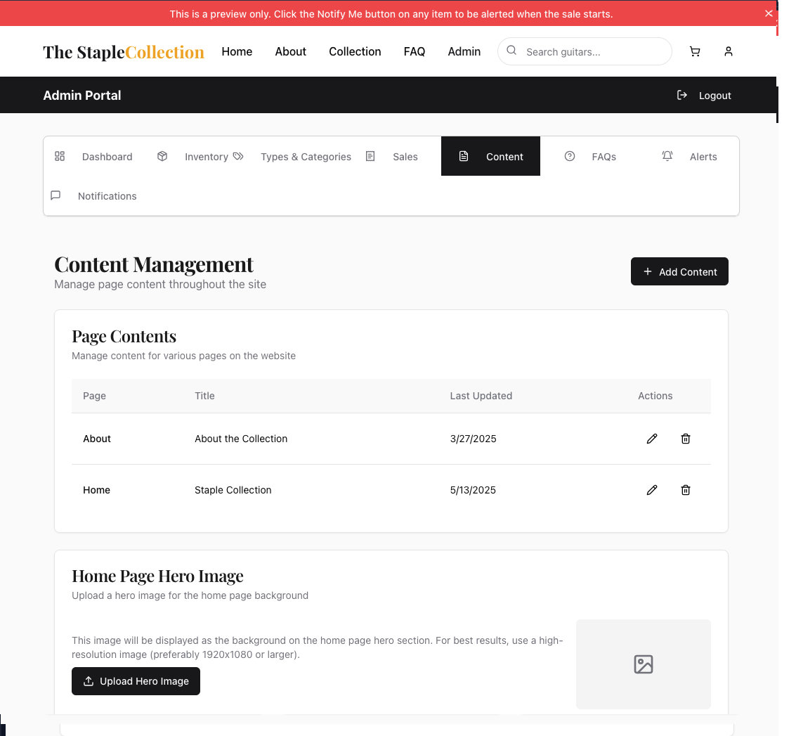 Screen shot of the admin dashboard page