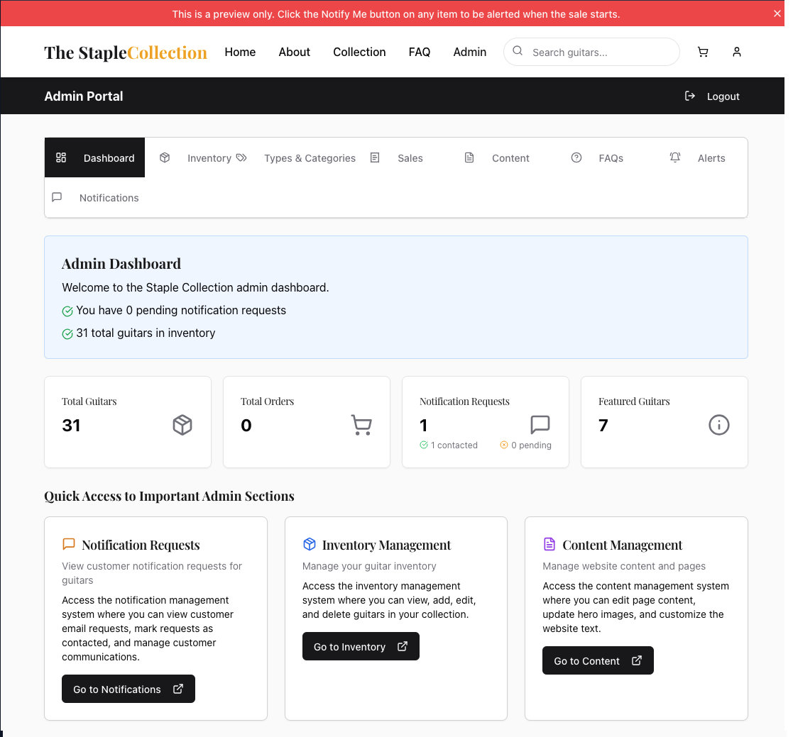 Screen shot of the admin dashboard page