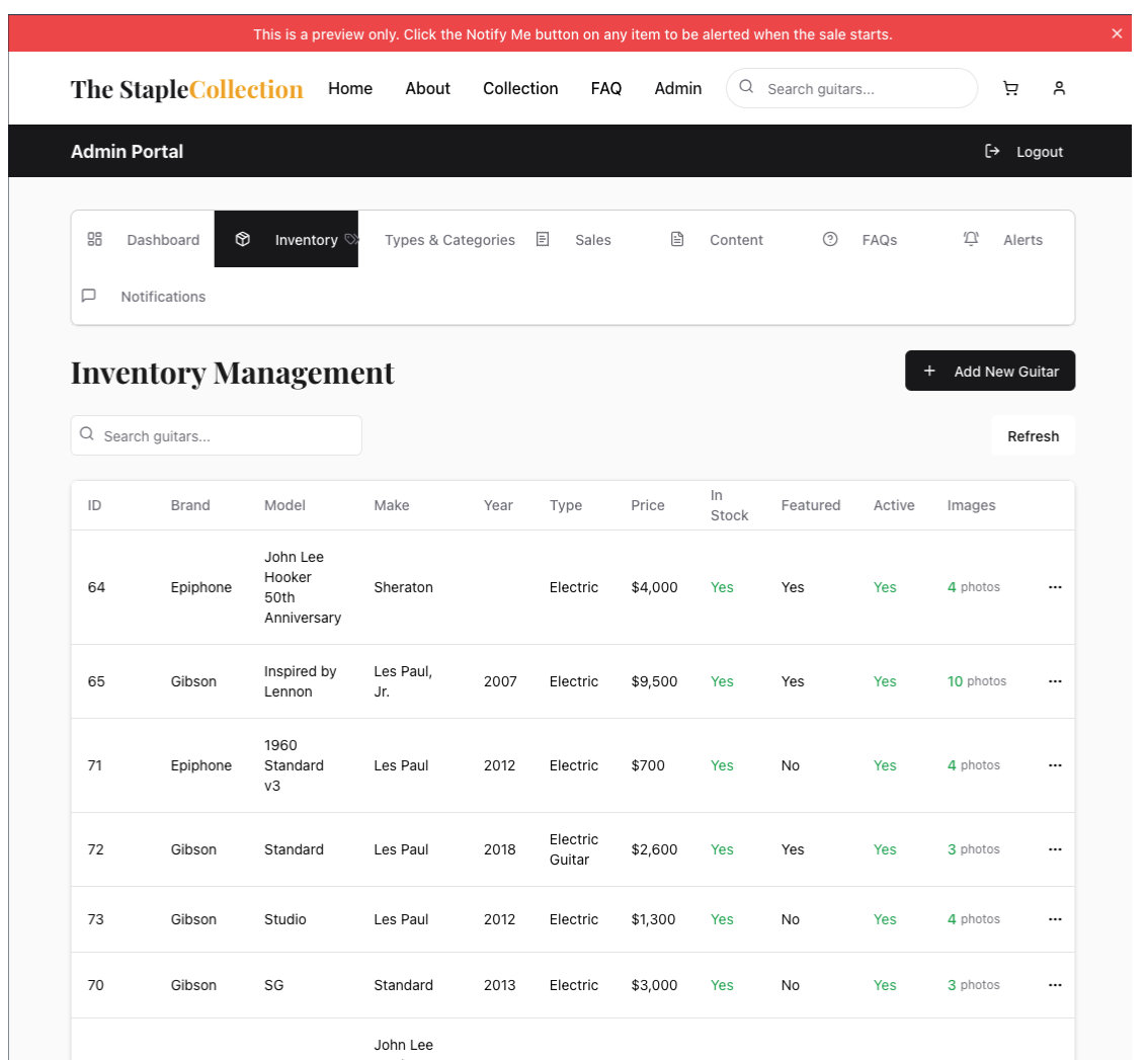 Screen shot of the admin inventory page