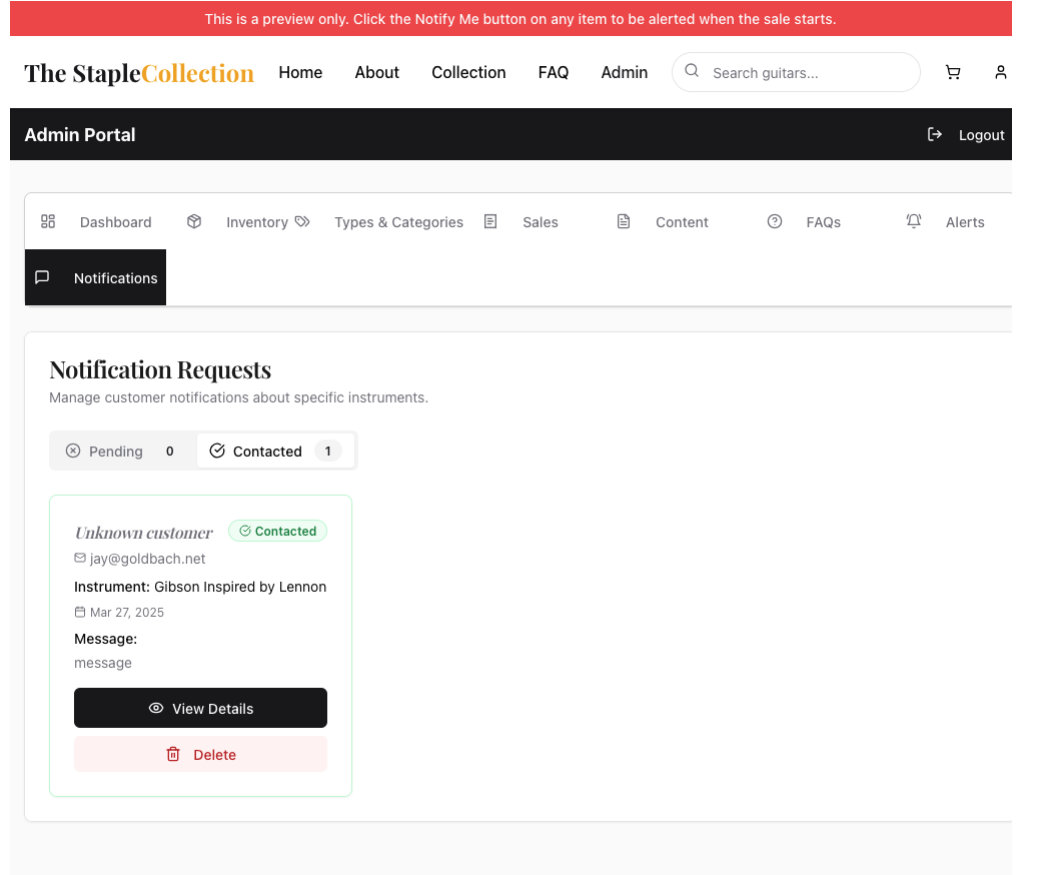 Screen shot of the admin page for notifications